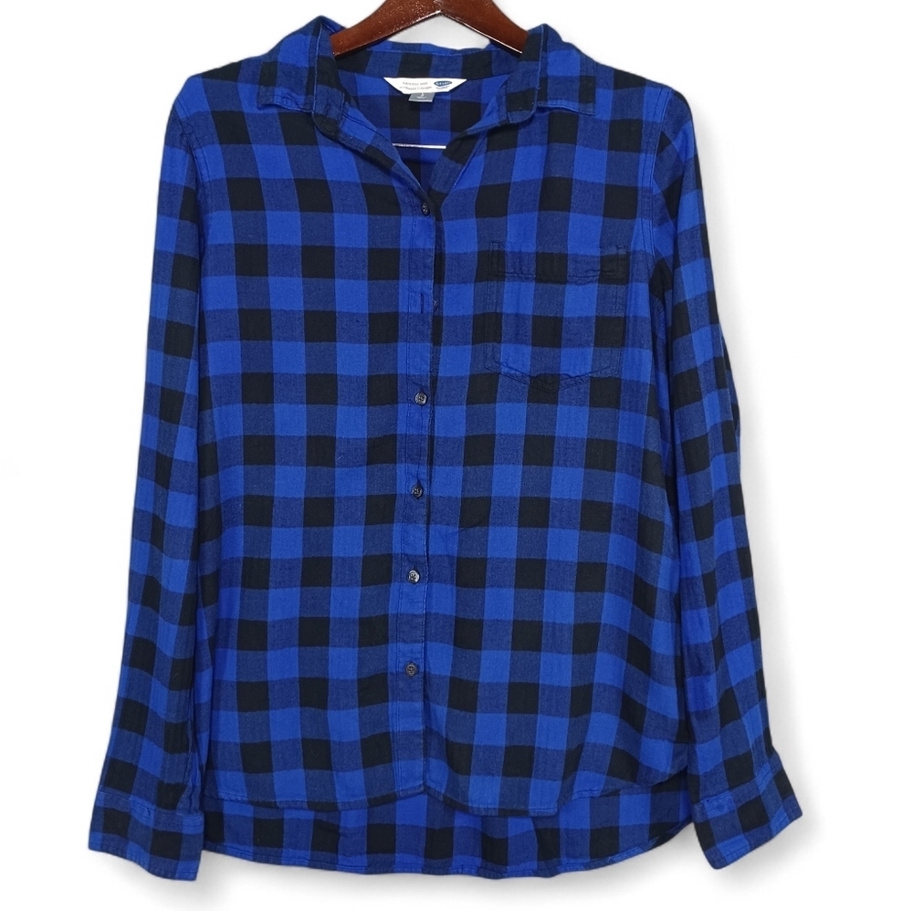 Old Navy Women’s Plaid Flannel Shirt‎ Large Blue Black Classic Fit Soft Cotton